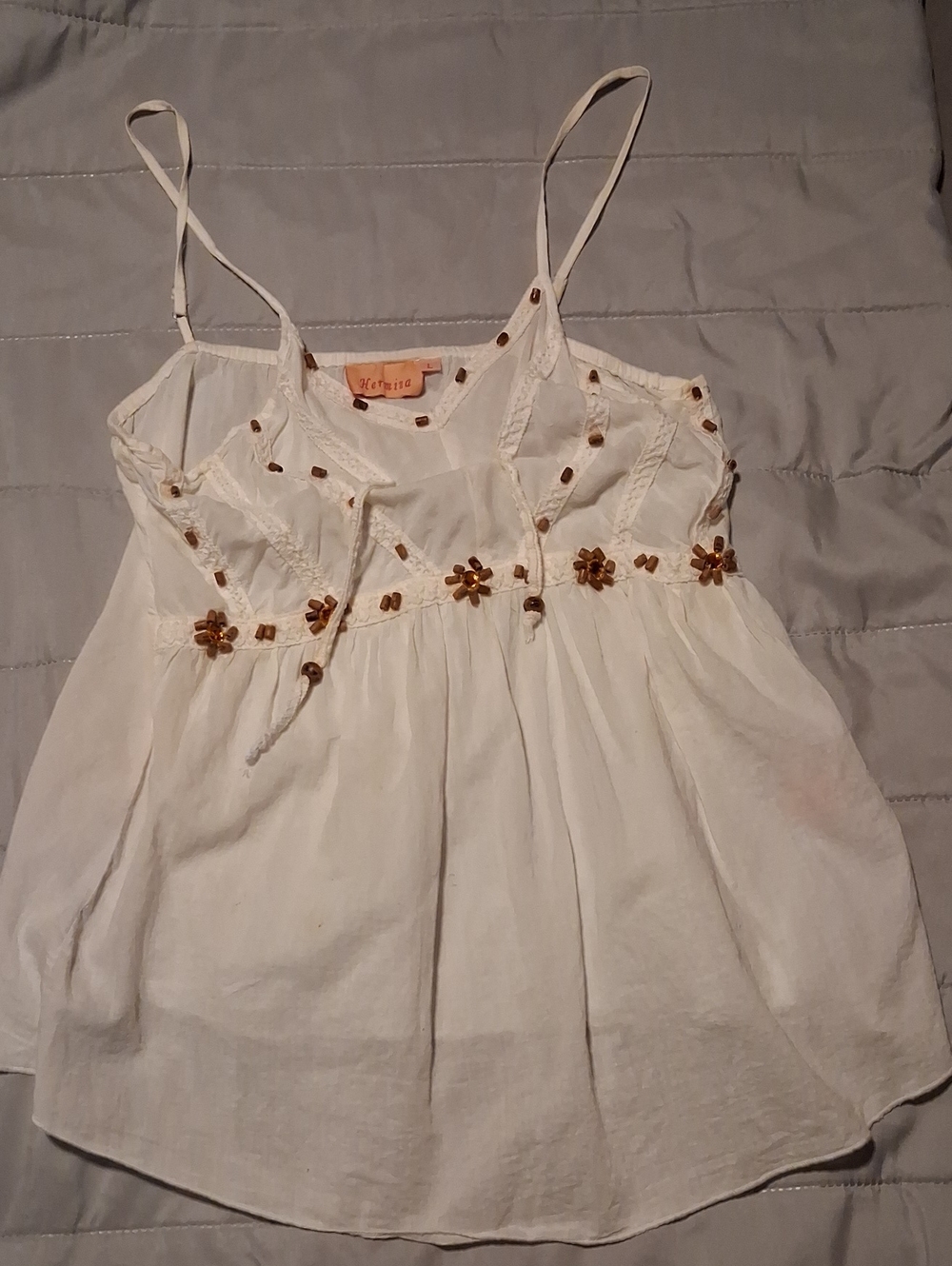 White Embellished Cotton Camisole Top